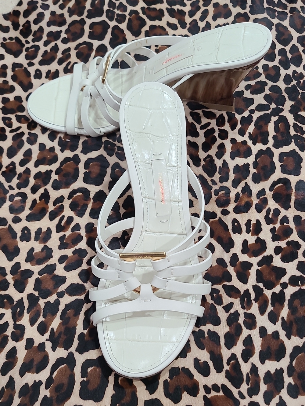 Salvatore Ferragamo White Strappy Croc-Embossed Wedge Sandals